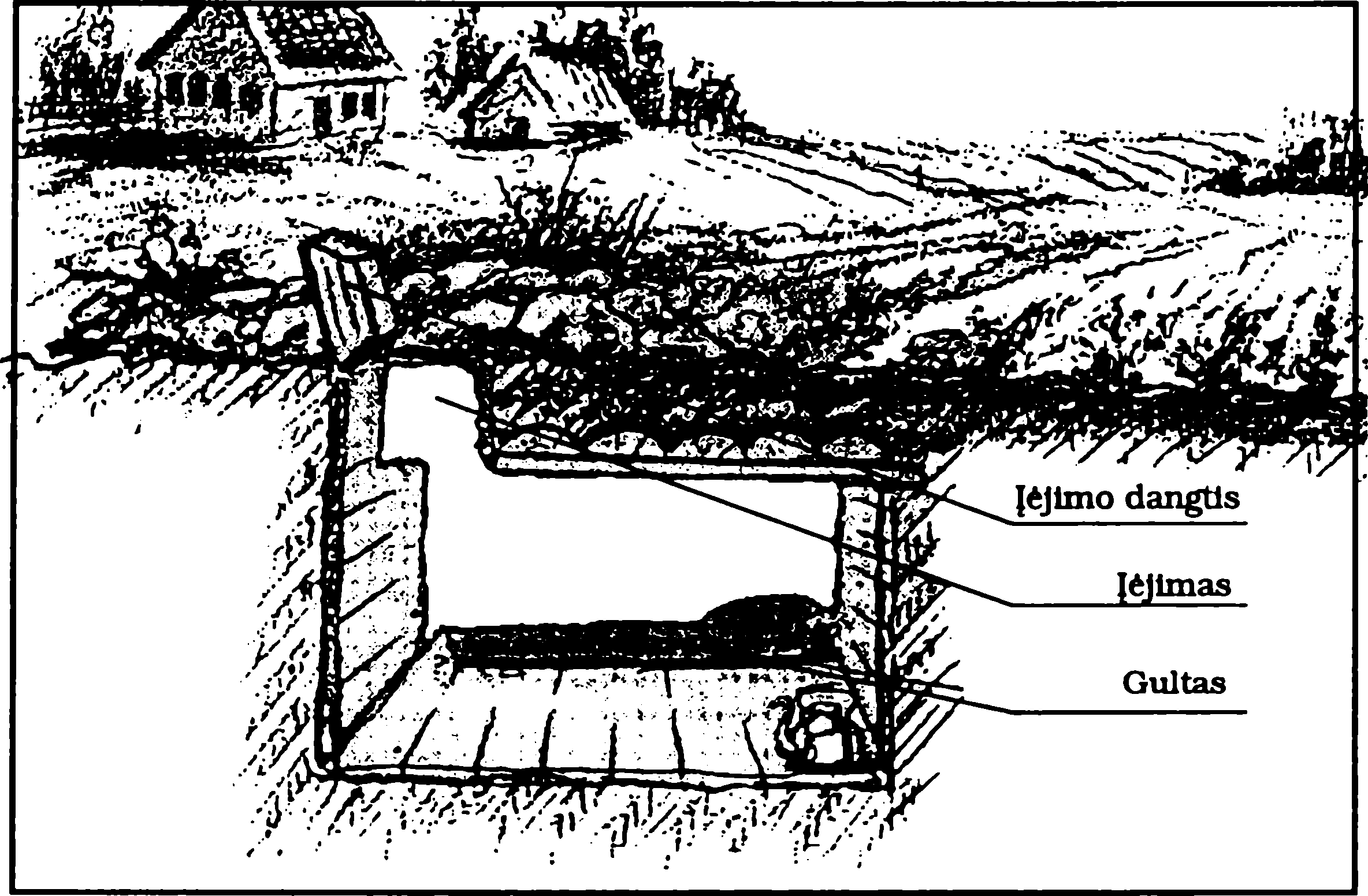 landa į bunkerį po akmenų krūva.