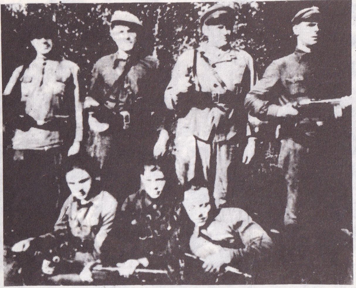 Stasys Gėgžna iš Būdų k., Bronius Baneckas iš Pauslajo k., Petras Gerdvila iš Gerdvilų k. Stovi: Vincas Neverauskas, Antanas Palinauskas iš Liolių k., Petras Pabrinkis iš Songailų k., Jonas Pabrinkis iš Songailų k.