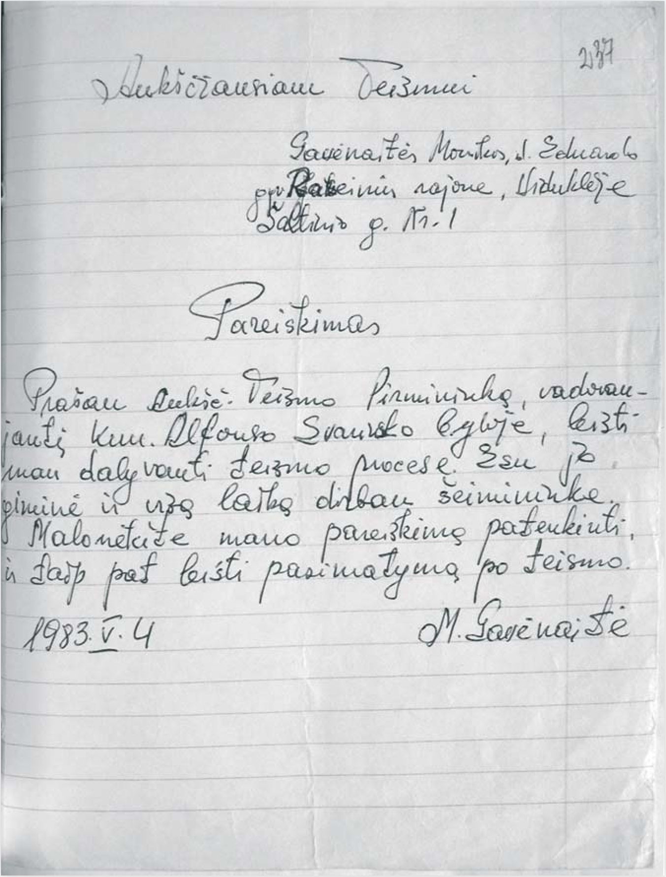 Ses. M. Gavėnaitės raštas