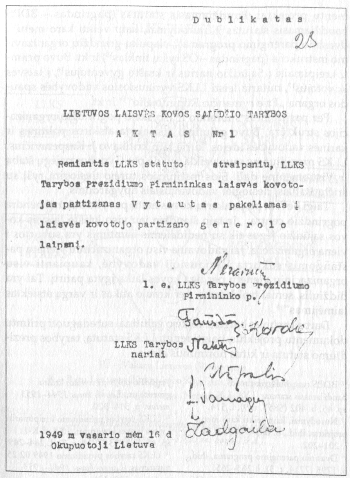 LLKS tarybos 1949 m. vasario 16 d. aktas